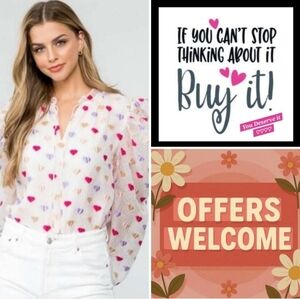 THML White Blouse with Colorful Heart Pattern. NWT Size SMALL